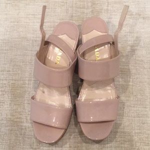 Prada nude patent wedge sandal